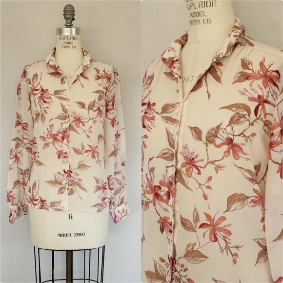 Vintage 1970s Shirt, Campus Casuals Floral Print Button Down Blouse, Long Sleeve - Picture 1 of 10